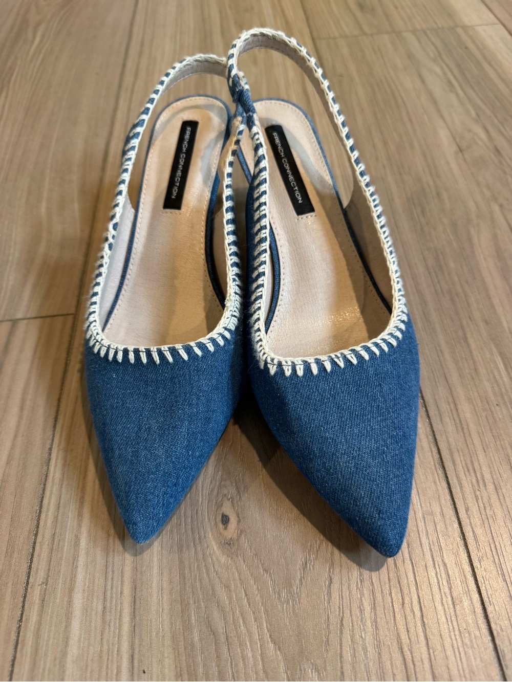 Quinn Blue Denim Pointed Slingback Flats with White Trim